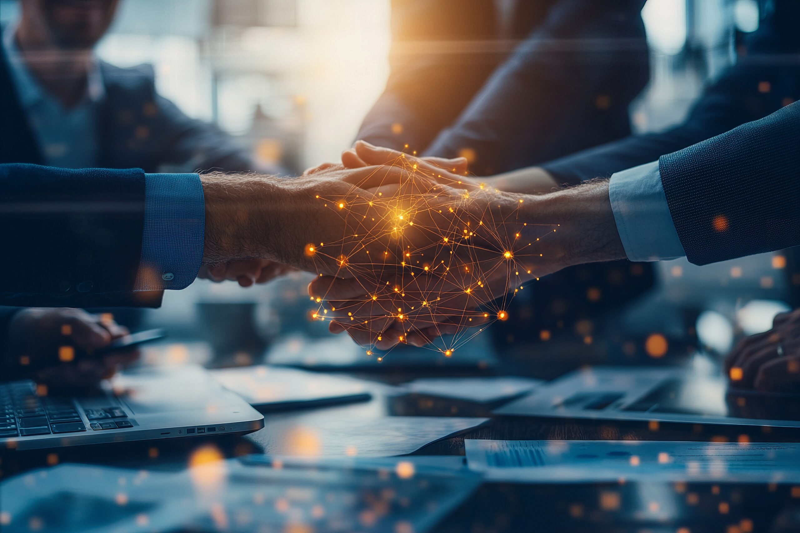 Executives stacking hands on a desk with technology elements connecting around